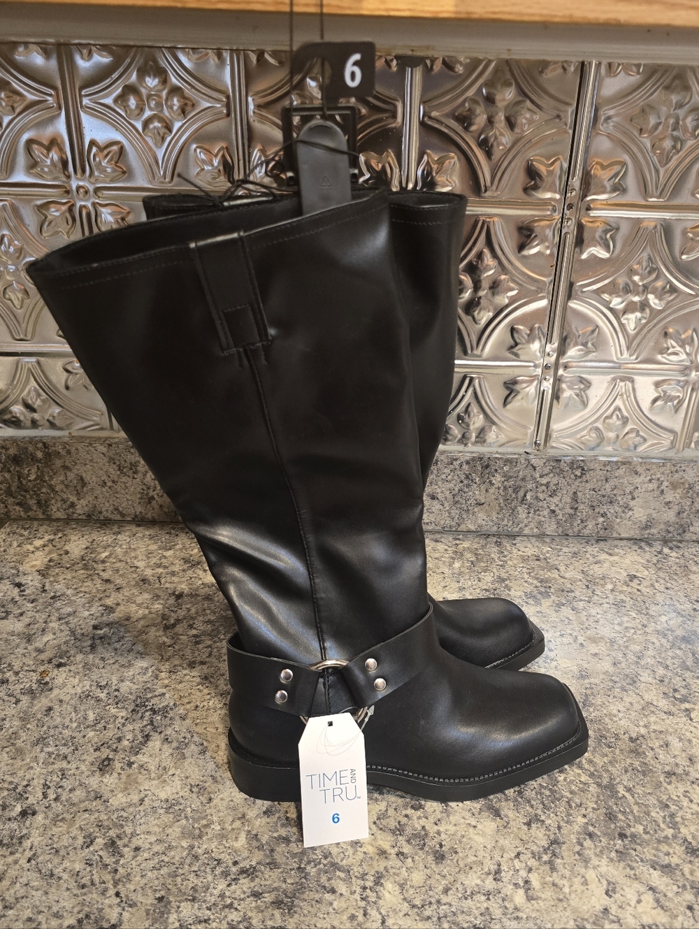 New Sleek Urban Biker Faux Leather Moto Harness Boots Women's Black Silver Sz 6